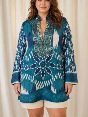Tory Burch ‘Iveta’ 100% Silk Tunic Top w/ Gold Beaded Neckline Size 12